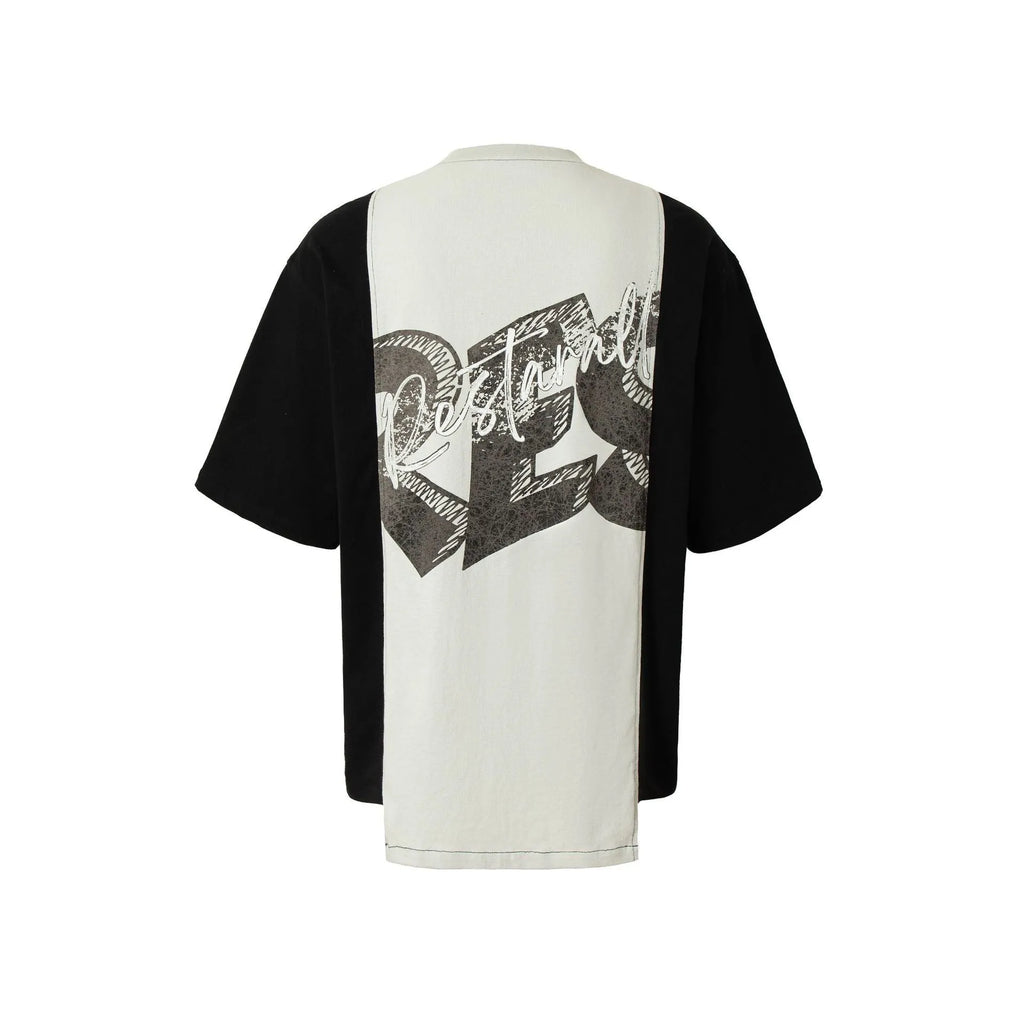 Men's black and white broken collage print loose fit cotton blend t-shirt on hanger