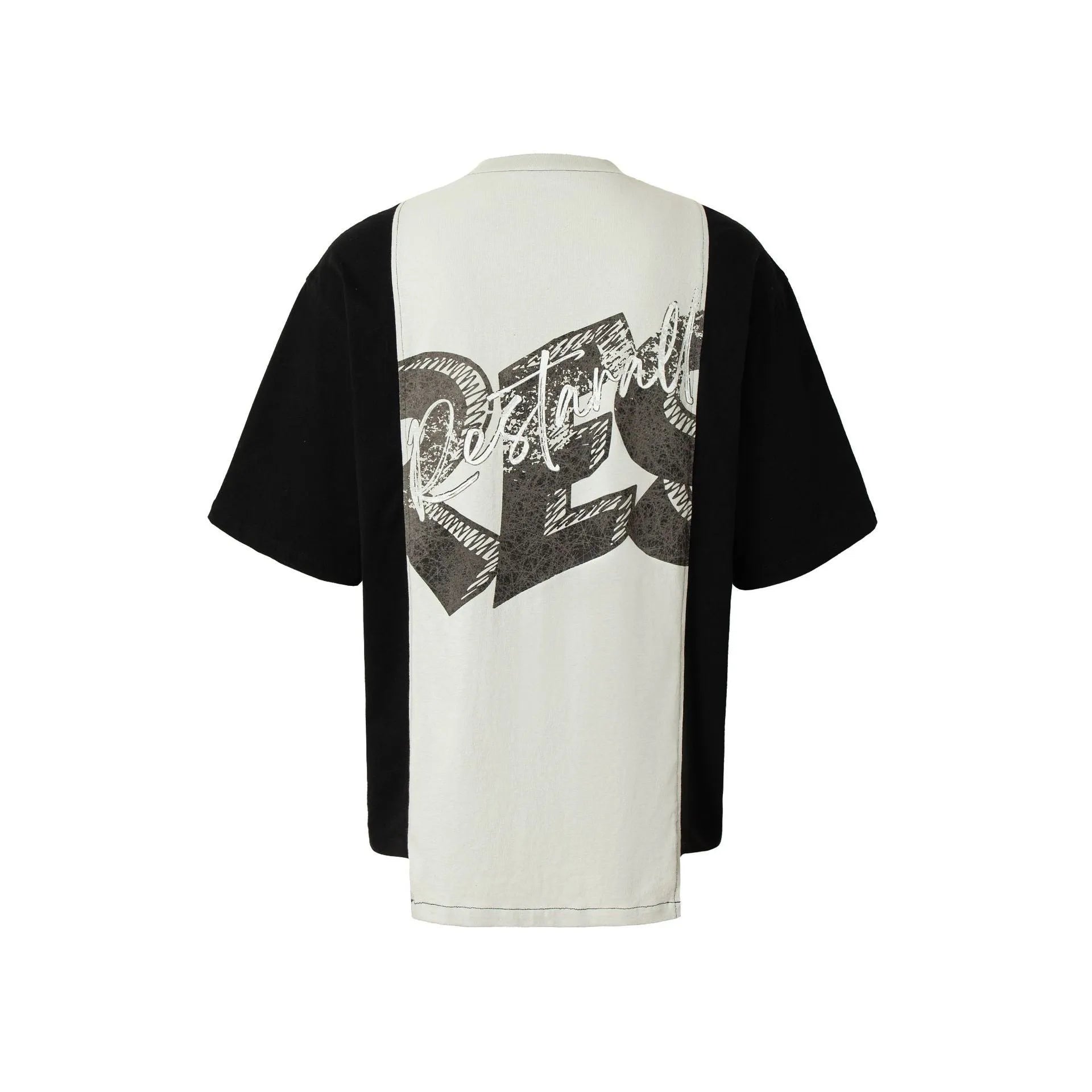 Men's black and white broken collage print loose fit cotton blend t-shirt on hanger