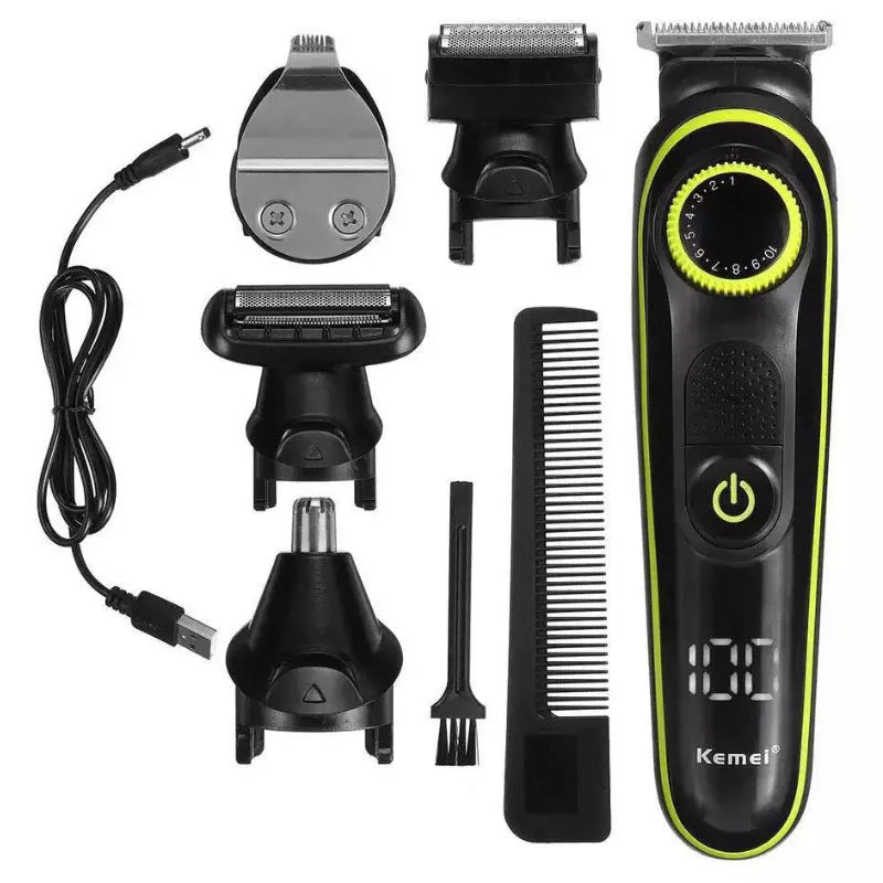 Black KM-696 rechargeable electric hair clipper set with stainless steel blades and USB charging cable