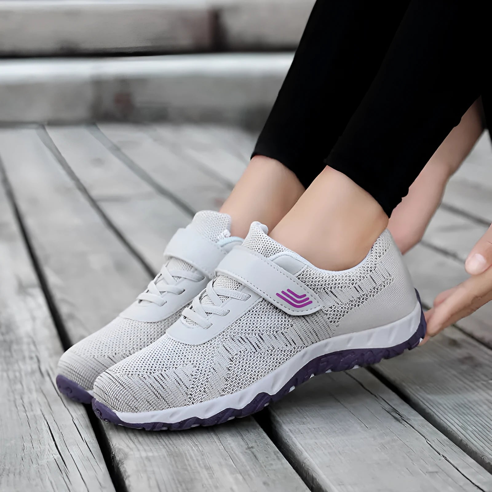 Women's grey purple wedge shoes with mesh upper, round toe, and Velcro fastening