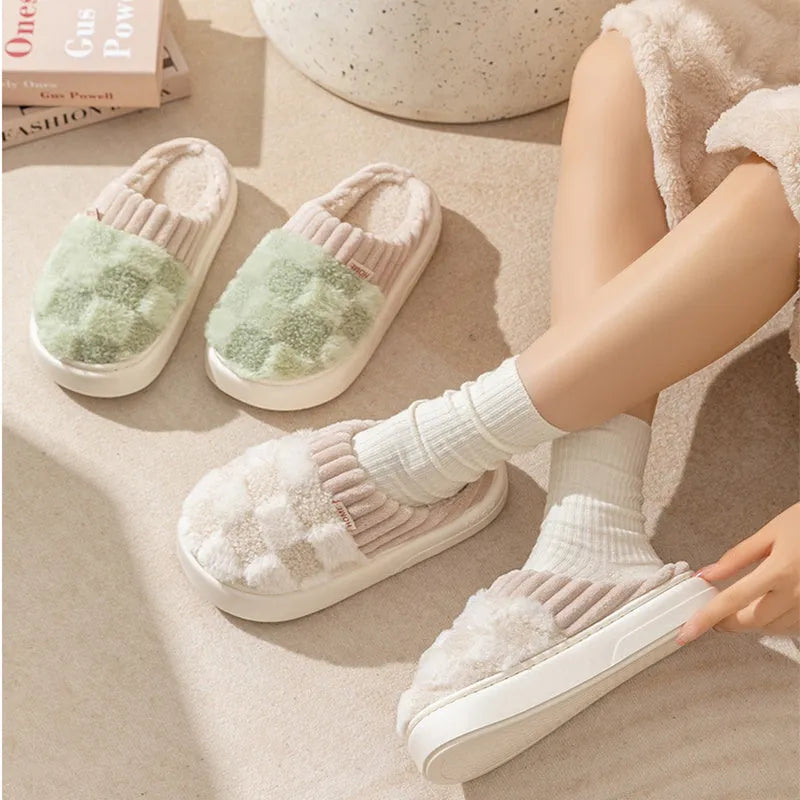 Women's plaid plush slippers in grey with a thick coral velvet upper and textured PVC sole.