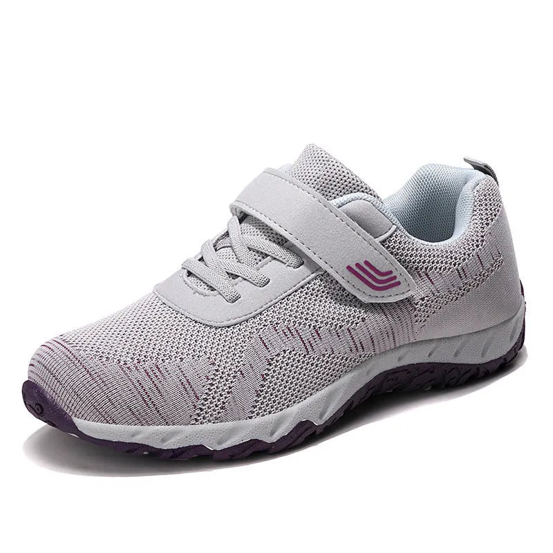 Women's grey purple wedge shoes with mesh upper, round toe, and Velcro fastening