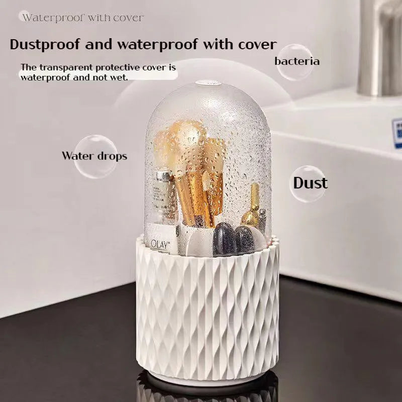 White rotating transparent acrylic makeup brush holder with dustproof lid on desktop