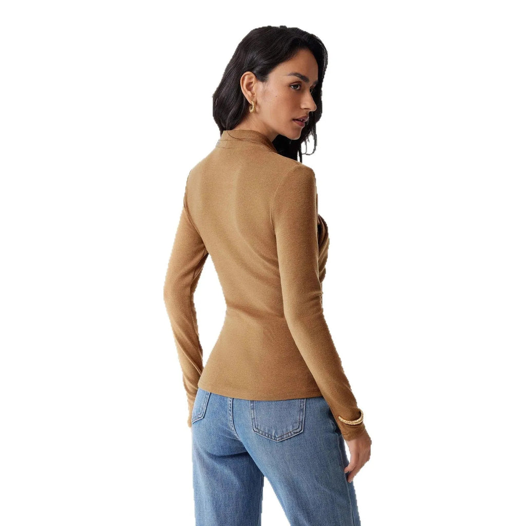 Camel coloured slim fit women's pullover sweater with long sleeves