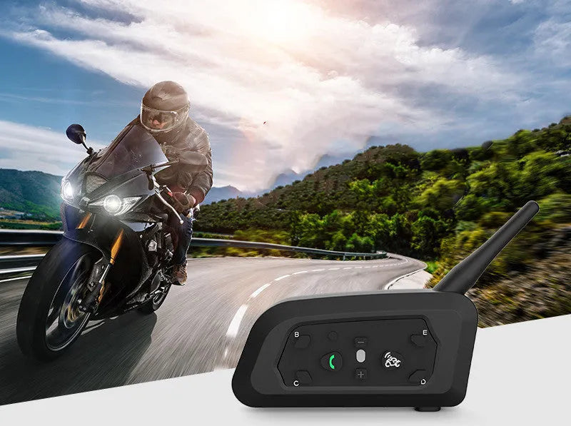Motorcycle helmet Bluetooth intercom V6 Pro unit with headphone, mounting clip, and charging cable
