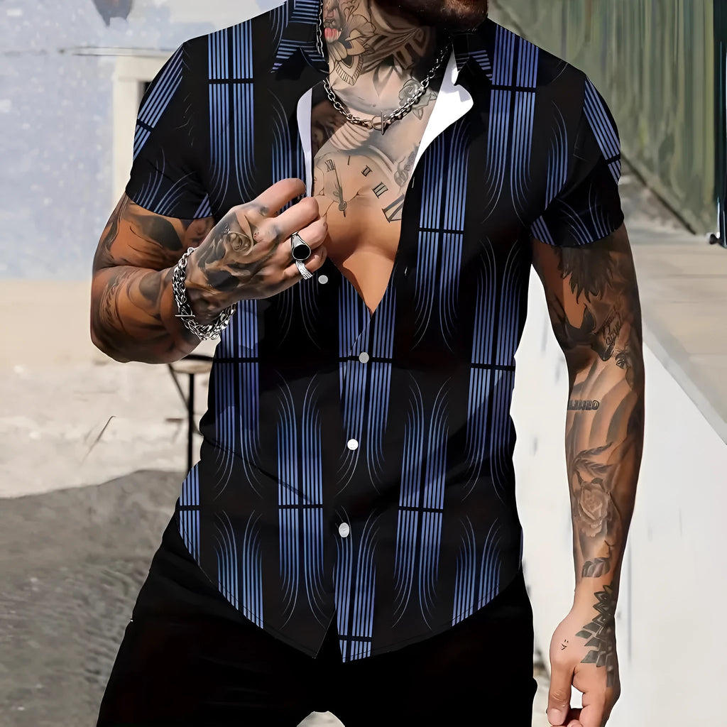 Men's geometric printed short sleeve shirt with lapel collar in slim fit for summer wear