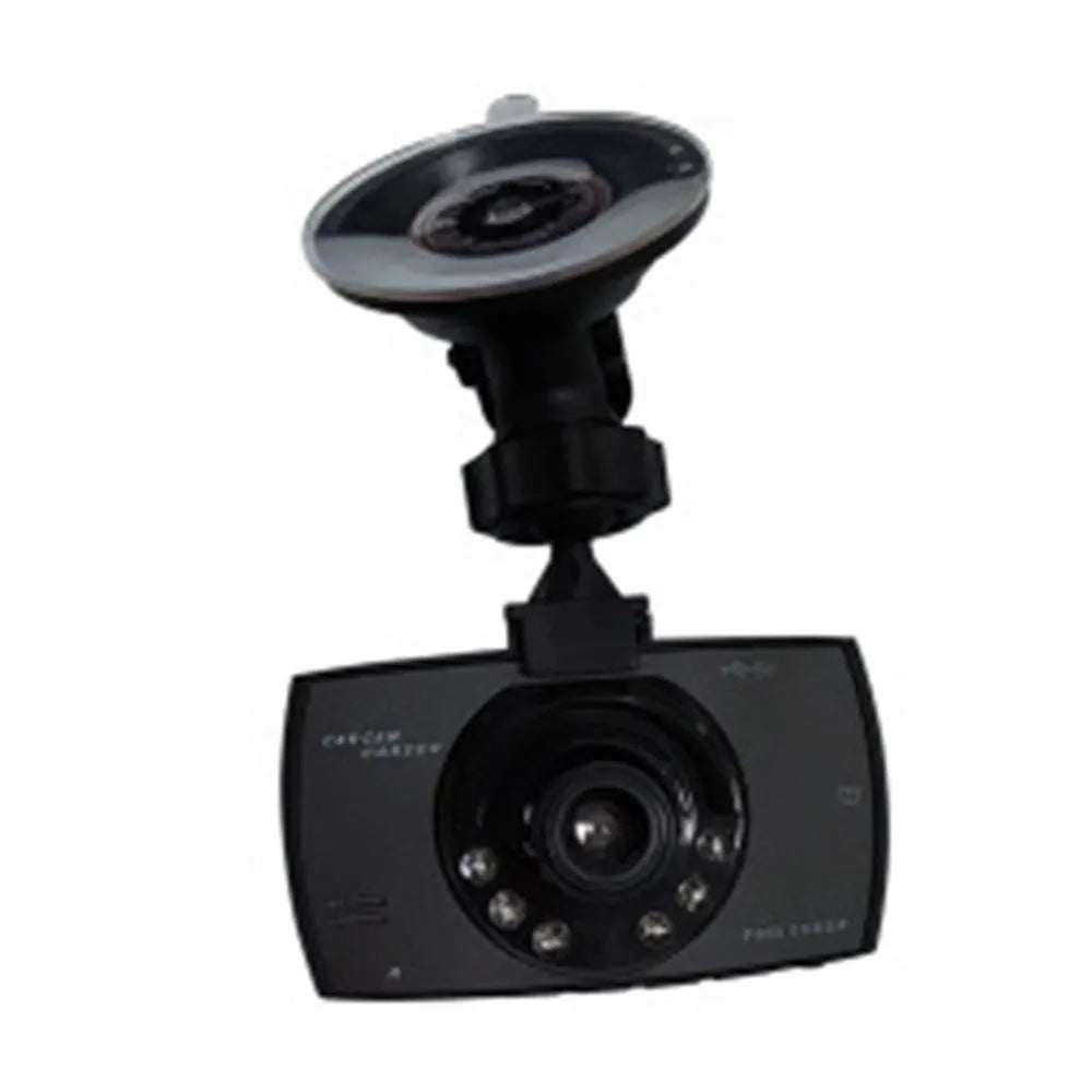 Compact black 1080P night vision dash camera with wide-angle lens mounted on car windscreen