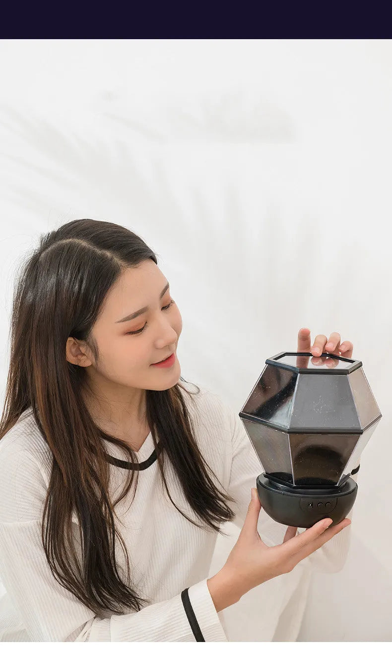 LED star night light projector creating rotating colour patterns for children's bedroom