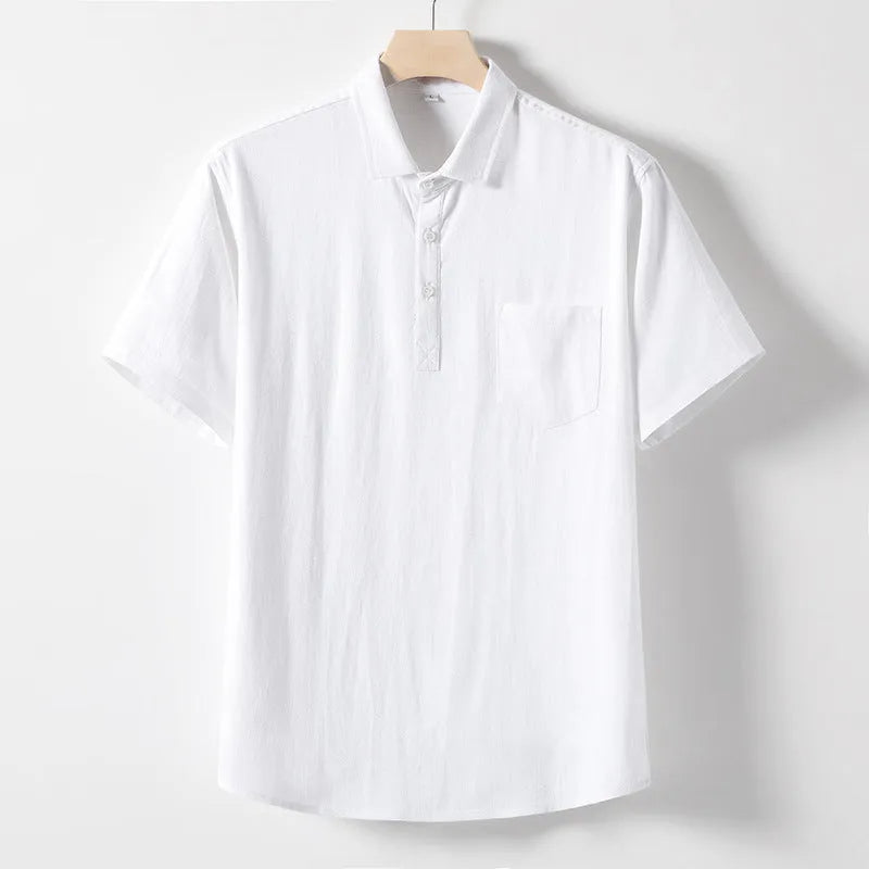 Men's linen blend T-shirt with loose lapel neckline and short sleeves in solid colour
