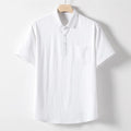 Men's linen blend T-shirt with loose lapel neckline and short sleeves in solid colour