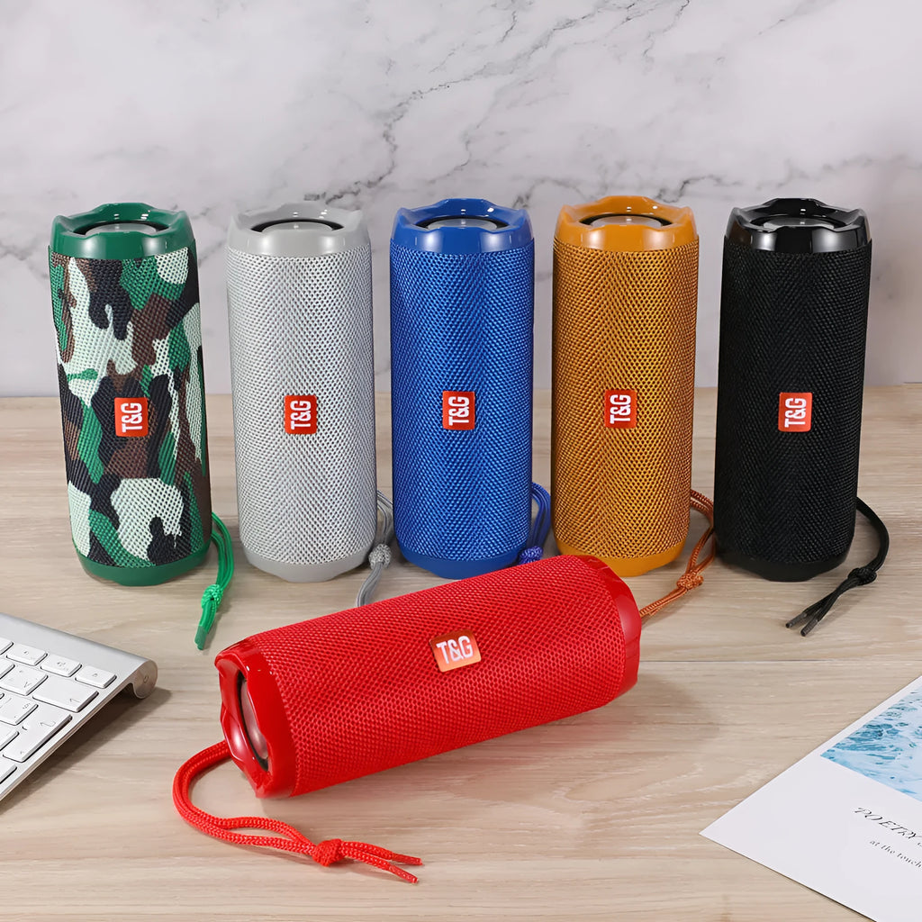 Fabric-covered portable Bluetooth speaker with card holder slots in multiple colour options