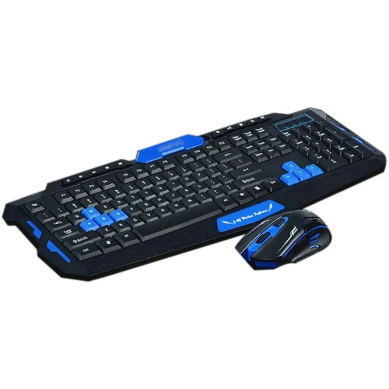Black and blue wireless keyboard and mouse set on a desk showing its slim profile.