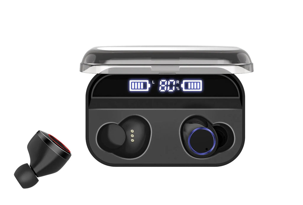 Black X11 Bluetooth wireless earbuds and charging case with six silicone ear sleeves.
