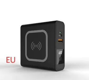 Black and white PD20W wireless power bank with 10000mAh capacity and international plugs