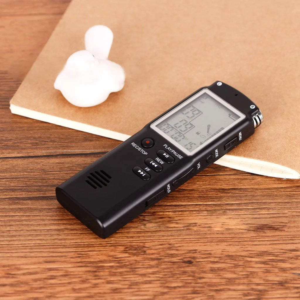 Compact black USB voice recorder with external mic support and telephone recording features