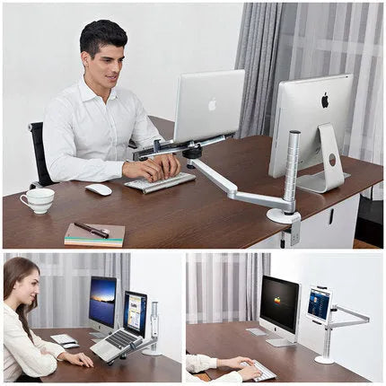 Dual arm laptop stand holder with aluminium alloy arms, laptop and tablet mounted, desktop clamp base