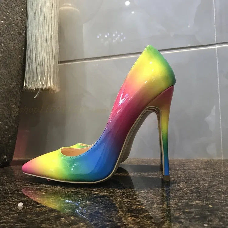 Rainbow patent leather women's high heels with thin ultra-high heel and pointed toe
