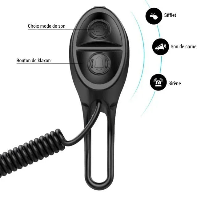 TWOOC T-002 bicycle horn with wired switch, rubber strap mount, USB cable, black, 110-120db 3-mode