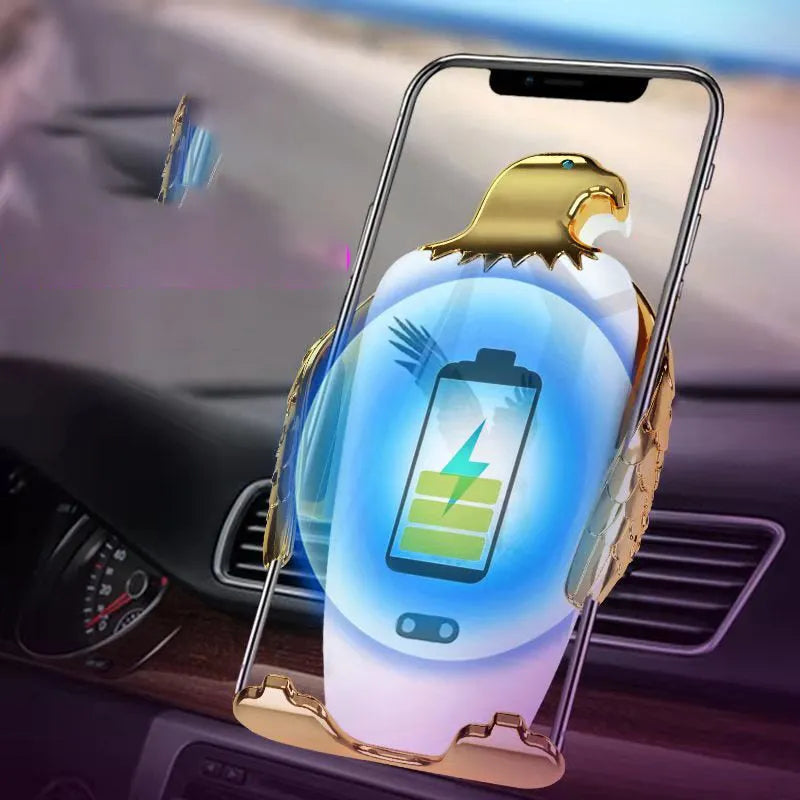 Eagle style wireless charging car phone holder with a suction cup mount in black and gold.
