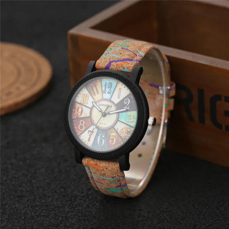 Women's vintage style quartz watch with brown leather strap and 37mm round dial
