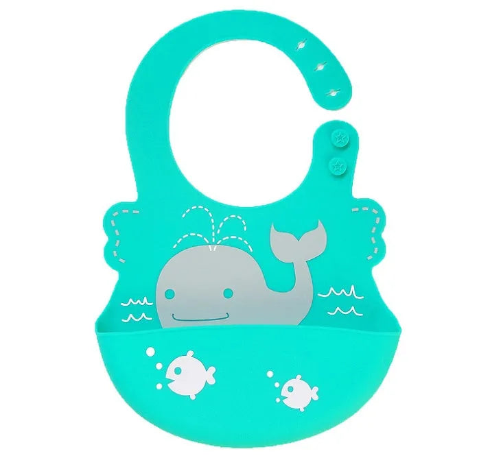 Waterproof silicone baby feeding bib with deep pocket in multiple colours, 28x21cm, on a white background