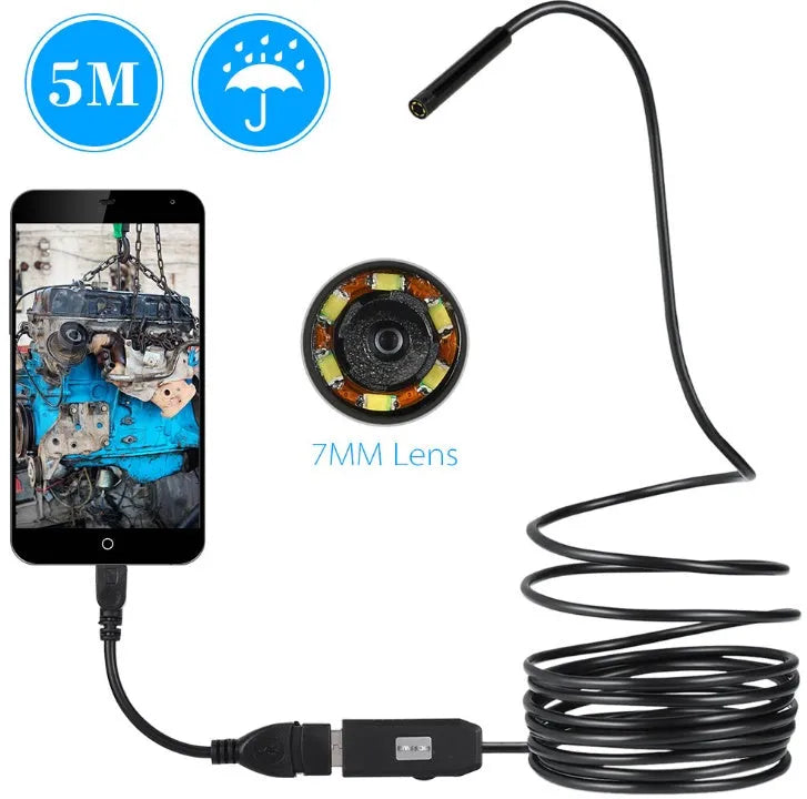 OWSOO USB endoscope camera with 5m cable, 7mm lens, LED lights, magnet, hook and side audition tools.