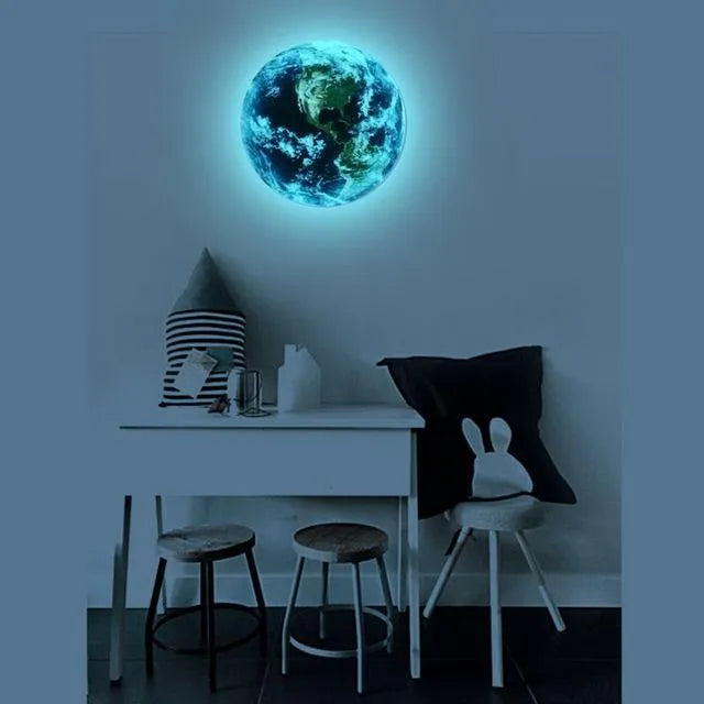 Glow in the dark Planet Earth wall sticker in three sizes: 10cm, 20cm, and 30cm diameter.