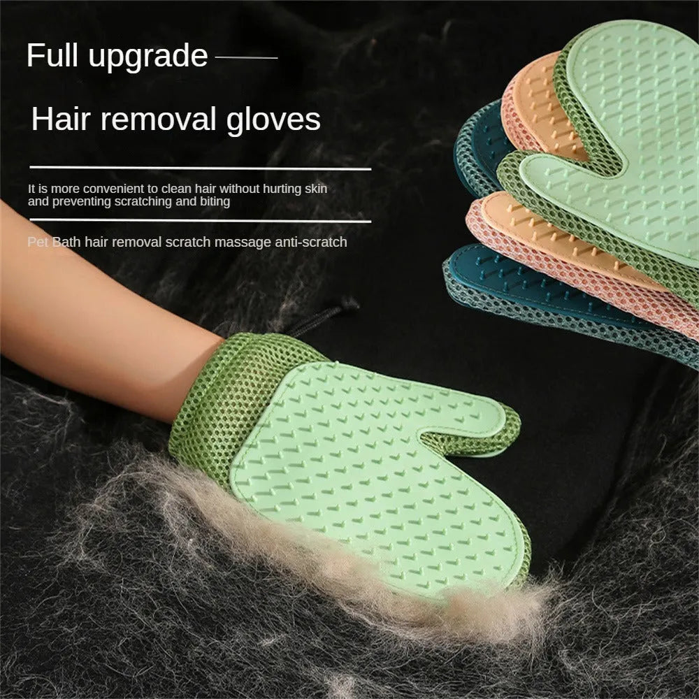 Dark blue mesh pet grooming glove for removing hair from dogs and cats