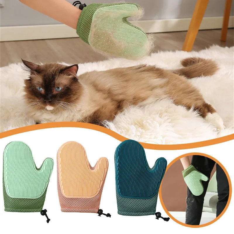 Dark blue mesh pet grooming glove for removing hair from dogs and cats