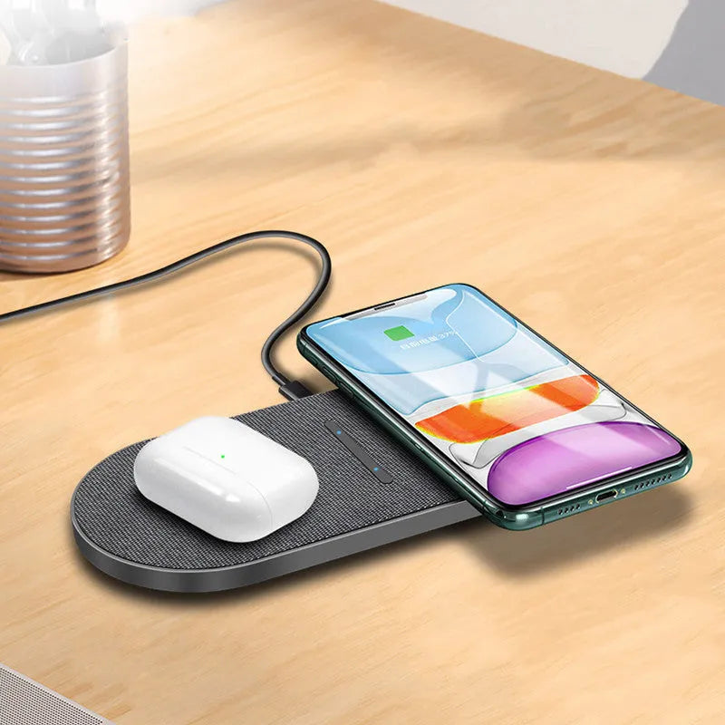 Black dual wireless charging pad with two 10W charging zones and Type-C/USB input ports
