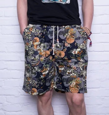 Men's linen beach shorts in cotton-linen blend with printed pattern, elastic waist, and drawstring.