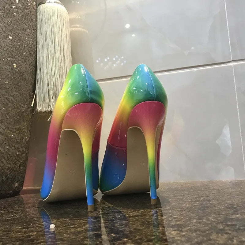 Rainbow patent leather women's high heels with thin ultra-high heel and pointed toe