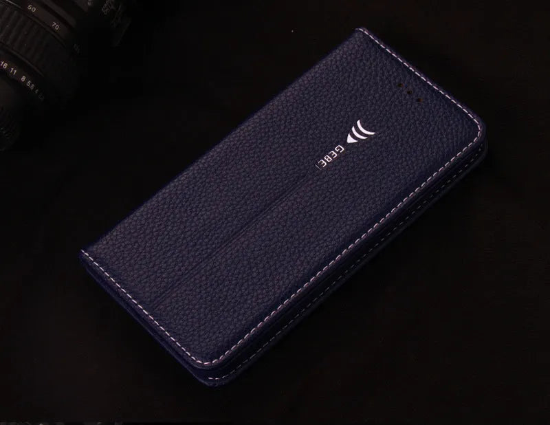 Black PU leather flip wallet phone case for iPhone shown open with card slots visible.