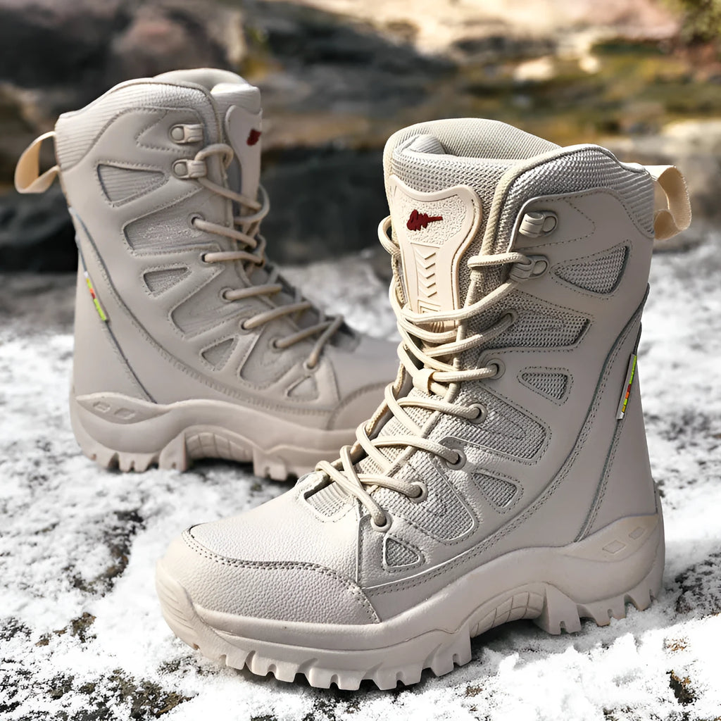 Cowhide leather hi-top hiking shoes in black, brown and beige colours on size chart background