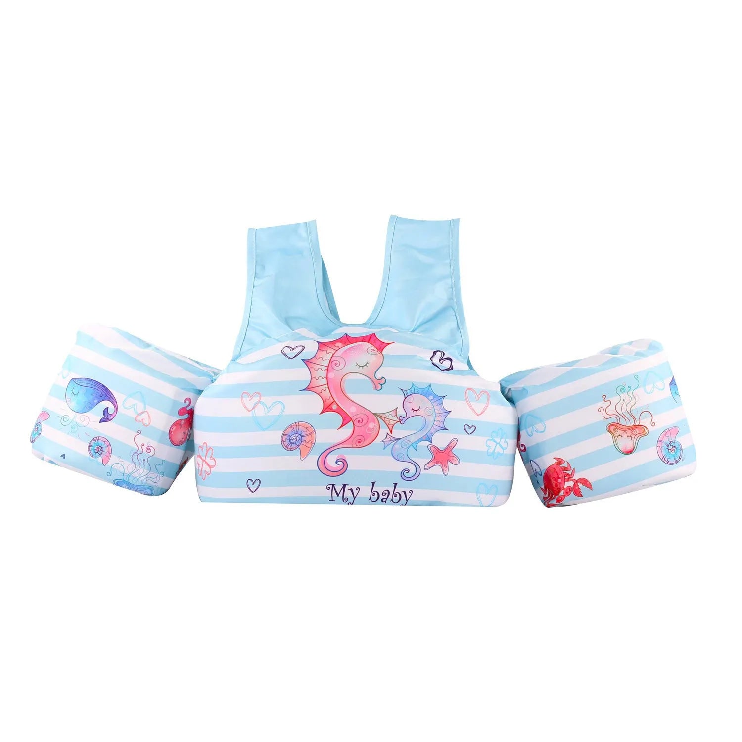 Children's swimsuit with extended arm swimming ring in colourful cartoon designs