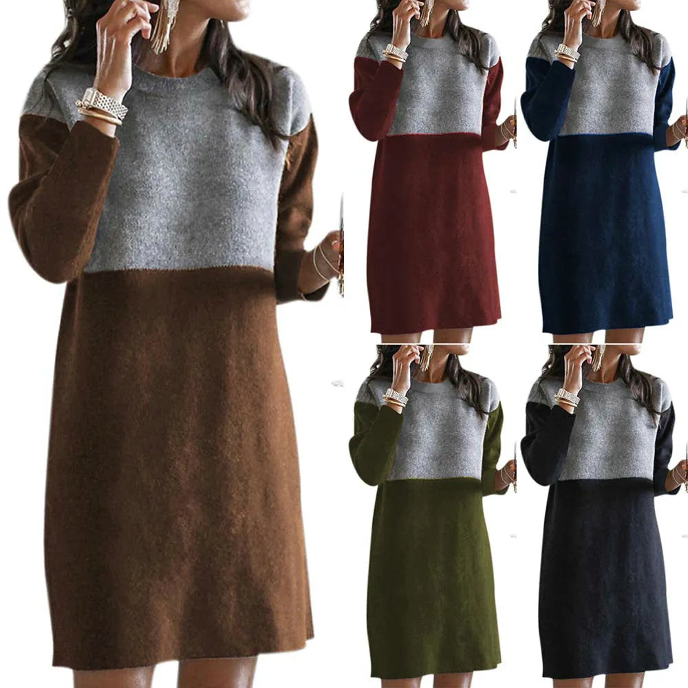 Brown women's art retro sweater patchwork skirt dress with long sleeves and princess silhouette