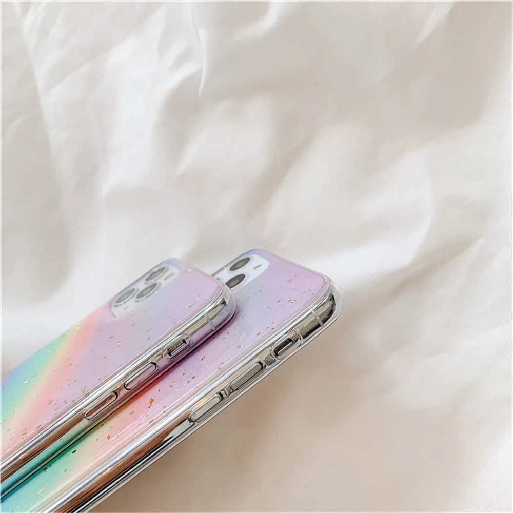 Rainbow gradient striped TPU protective case for iPhone on wooden surface