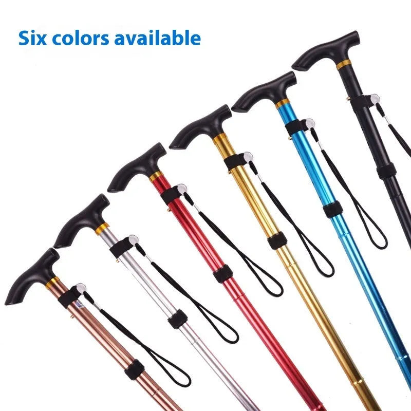 Aluminium folding walking cane extended to show adjustable height and non-slip handle