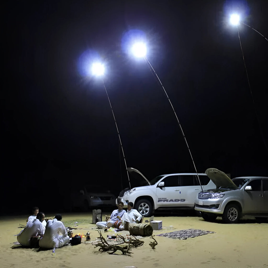 White LED fishing rod light with remote control on telescopic pole for night fishing and camping