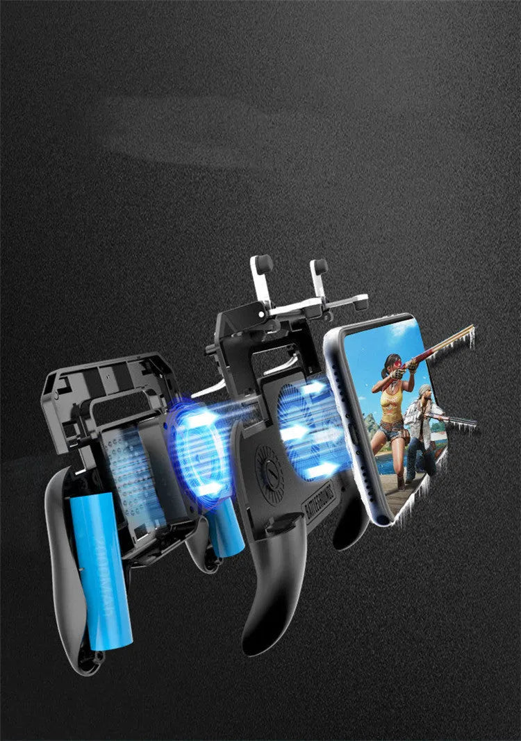 Black USB mobile game controller for smartphones on a grey background.