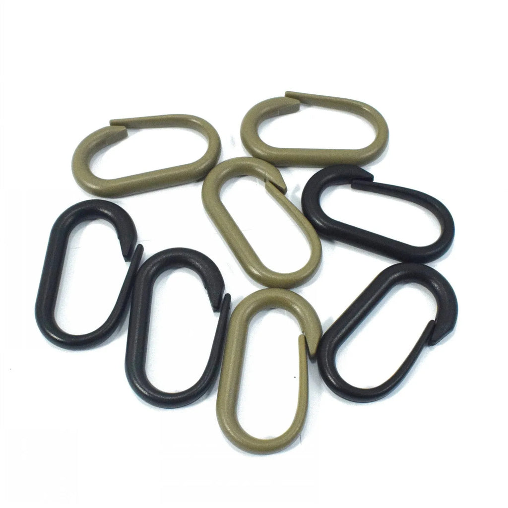 Plastic oval hanging buckle carabiner in POM, 50 by 20mm, shown in army green colour