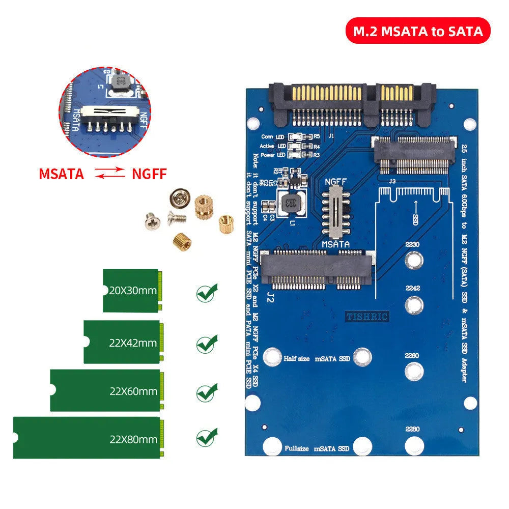 Black or blue SATA 3 to M.2 NGFF mSATA SSD adapter conversion card on white background.