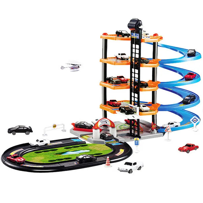 Multi-coloured 3D parking lot model toy made from ABS plastic for children's DIY assembly and spatial thinking play
