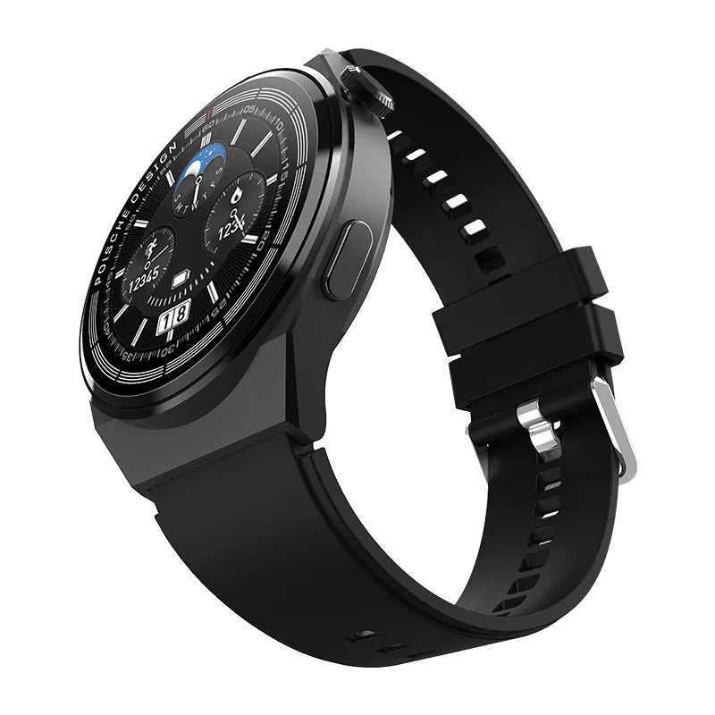 Black smartwatch with circular 1.39 inch screen showing interface, on a silicone strap.