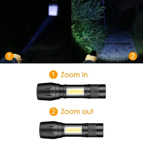 Black aluminium alloy telescopic LED flashlight with zoom adjustment and clip for carrying