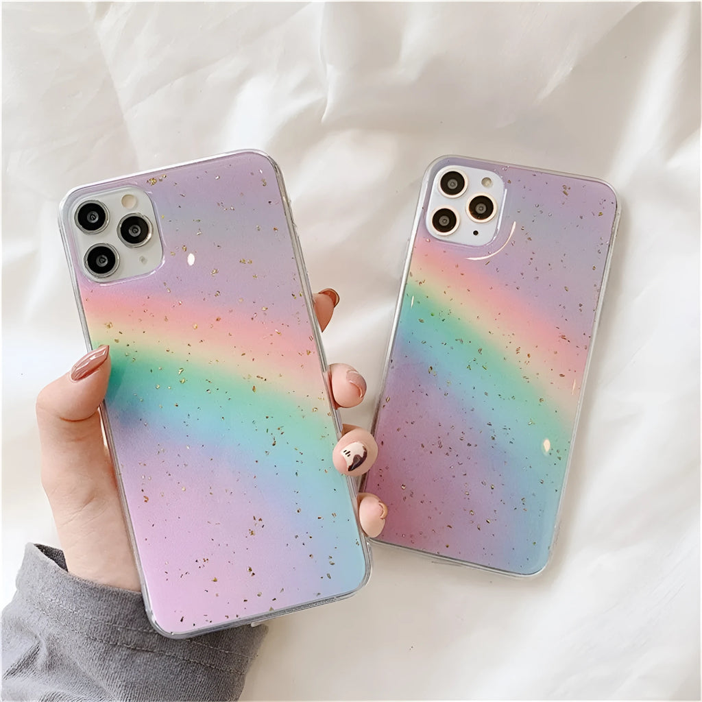 Rainbow gradient striped TPU protective case for iPhone on wooden surface