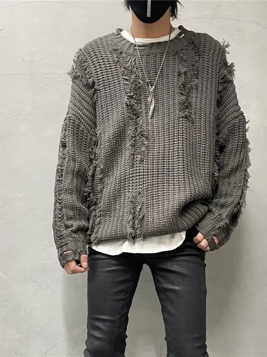 Niche retro tassel ripped design loose knit sweater pullover in black