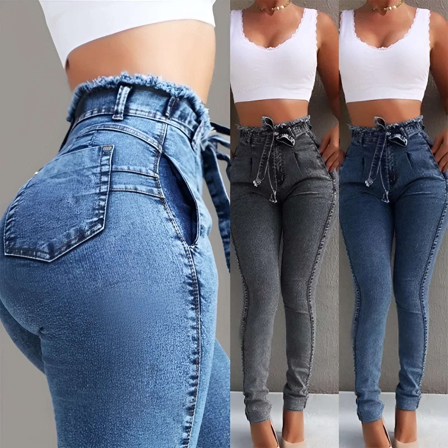 Women's fringed jeans in distressed Cowboy denim with frayed hem detailing in grey, dark blue, or light blue