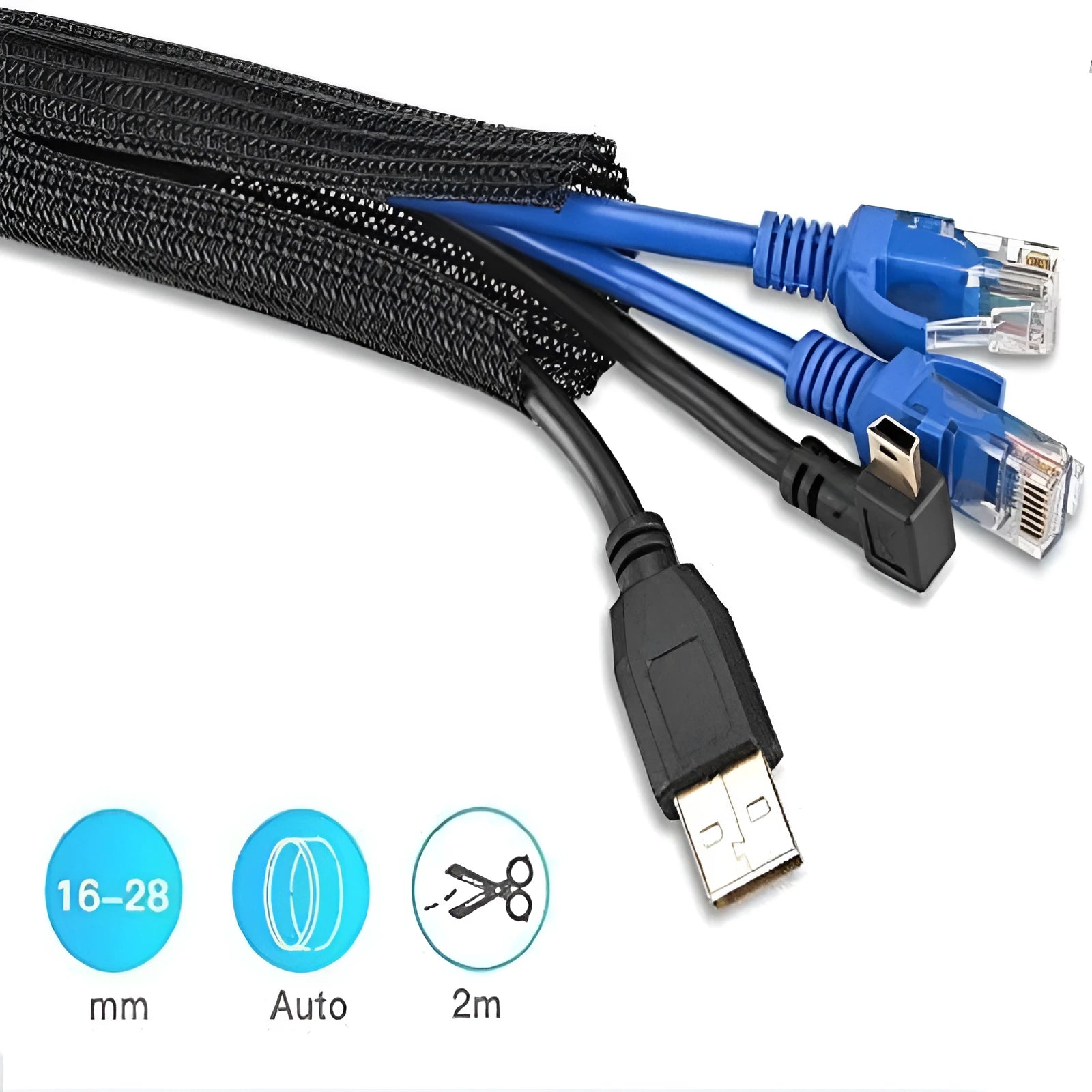 Black self-winding mesh sleeve automobile protective wire cover showing opening design for cable installation