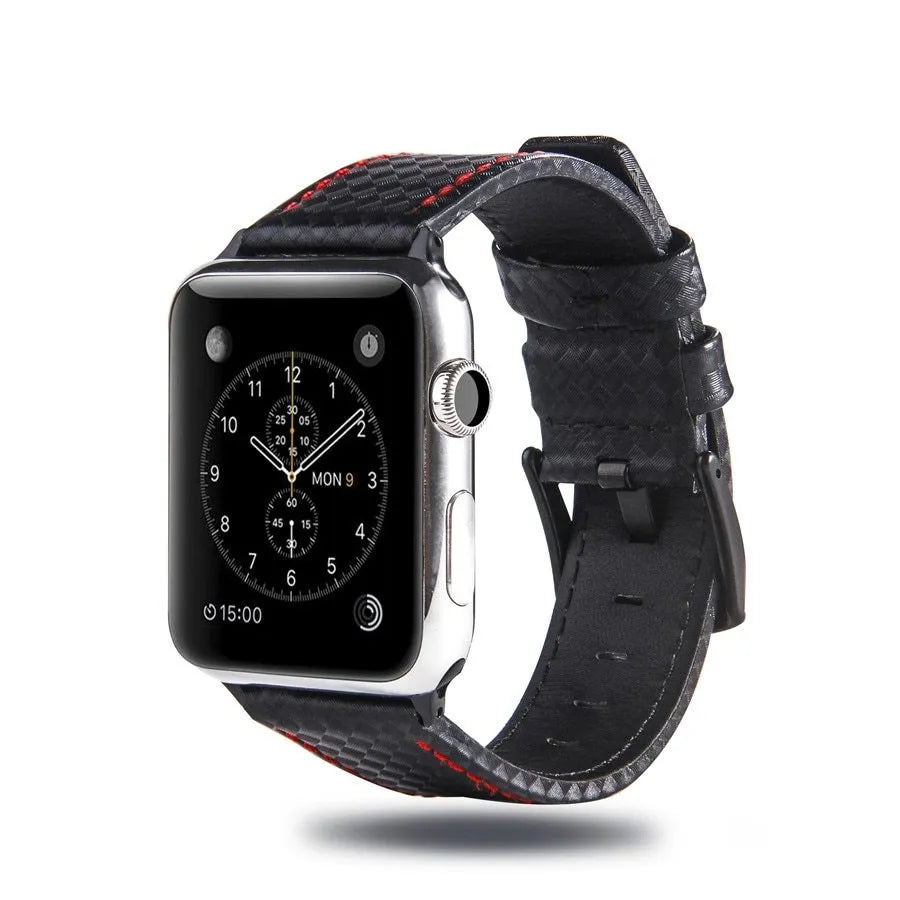 Leather Apple Watch band with carbon fibre pattern case in multiple colour options